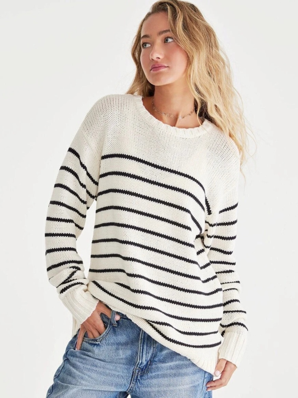 Aeropostale Striped Slouchy Crew Sweater Cream & Black Medium